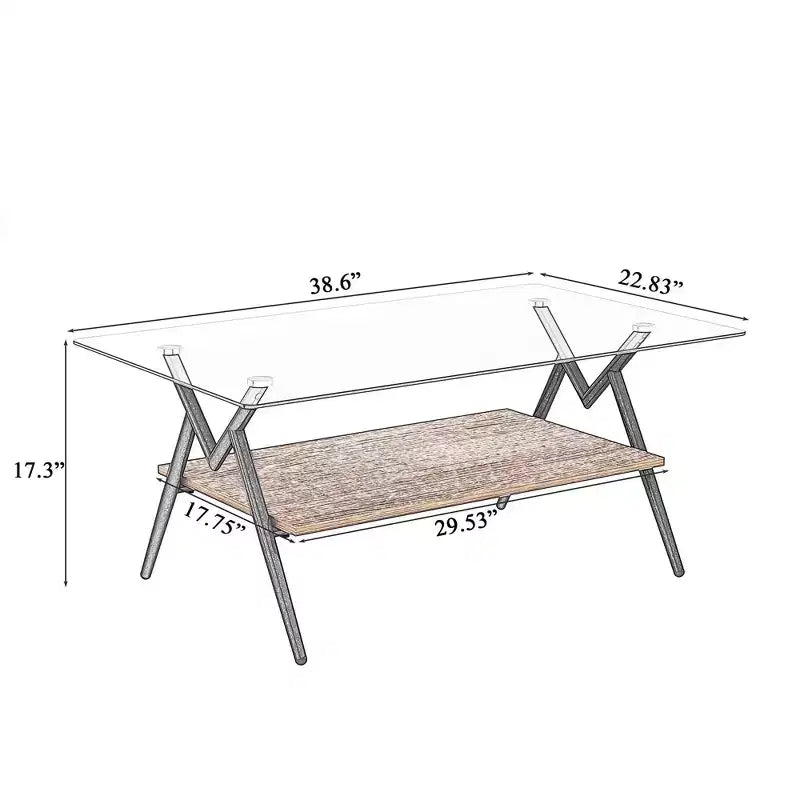 Modern 2-Tier Coffee Table with Tempered Glass Top & Sturdy Metal Legs, Center Accent Table with Open Shelf for Living Room