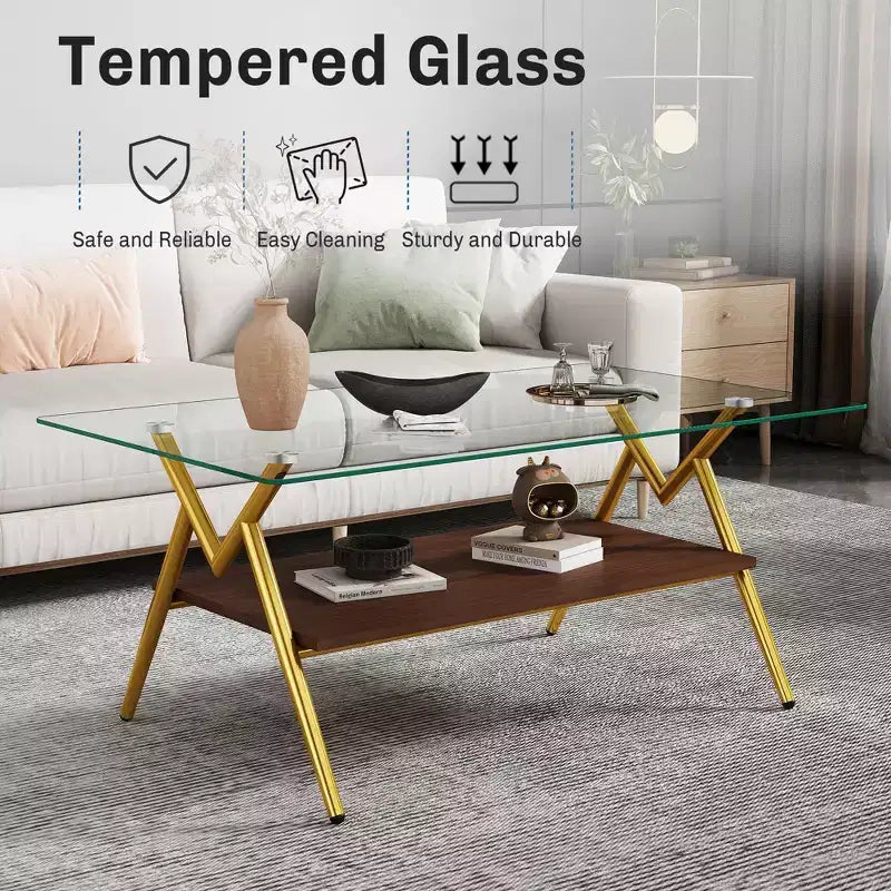 Modern 2-Tier Coffee Table with Tempered Glass Top & Sturdy Metal Legs, Center Accent Table with Open Shelf for Living Room