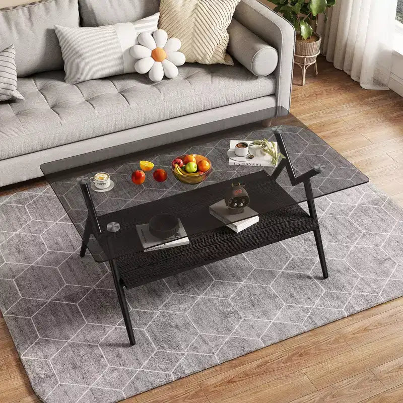 Modern 2-Tier Coffee Table with Tempered Glass Top & Sturdy Metal Legs, Center Accent Table with Open Shelf for Living Room