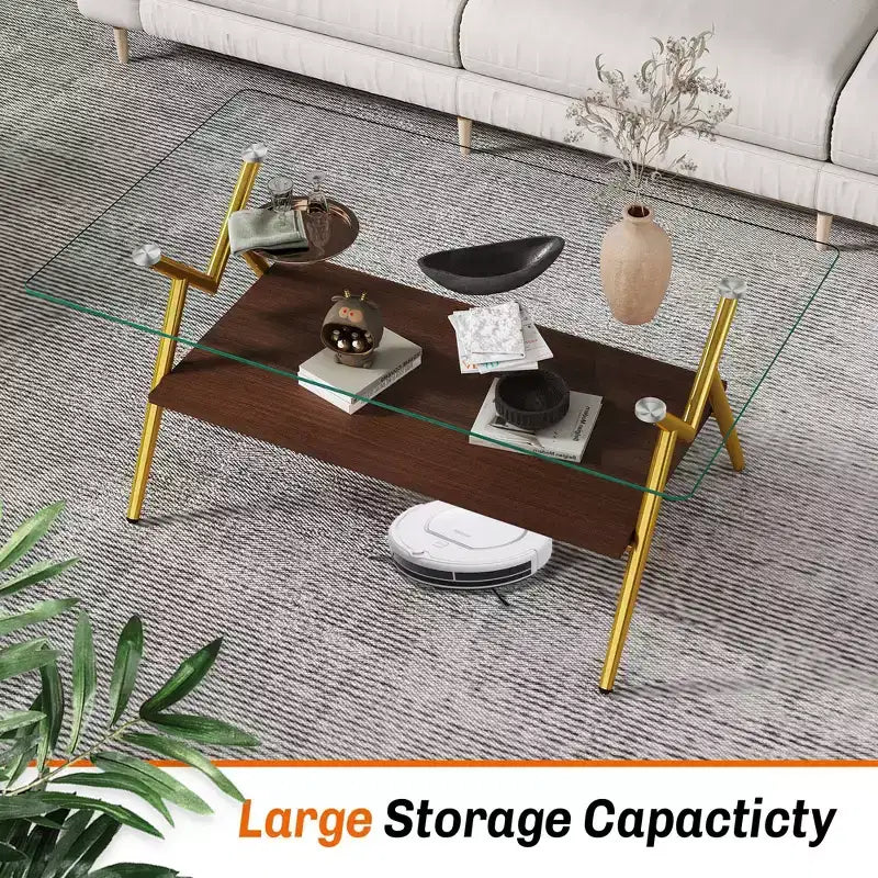 Modern 2-Tier Coffee Table with Tempered Glass Top & Sturdy Metal Legs, Center Accent Table with Open Shelf for Living Room