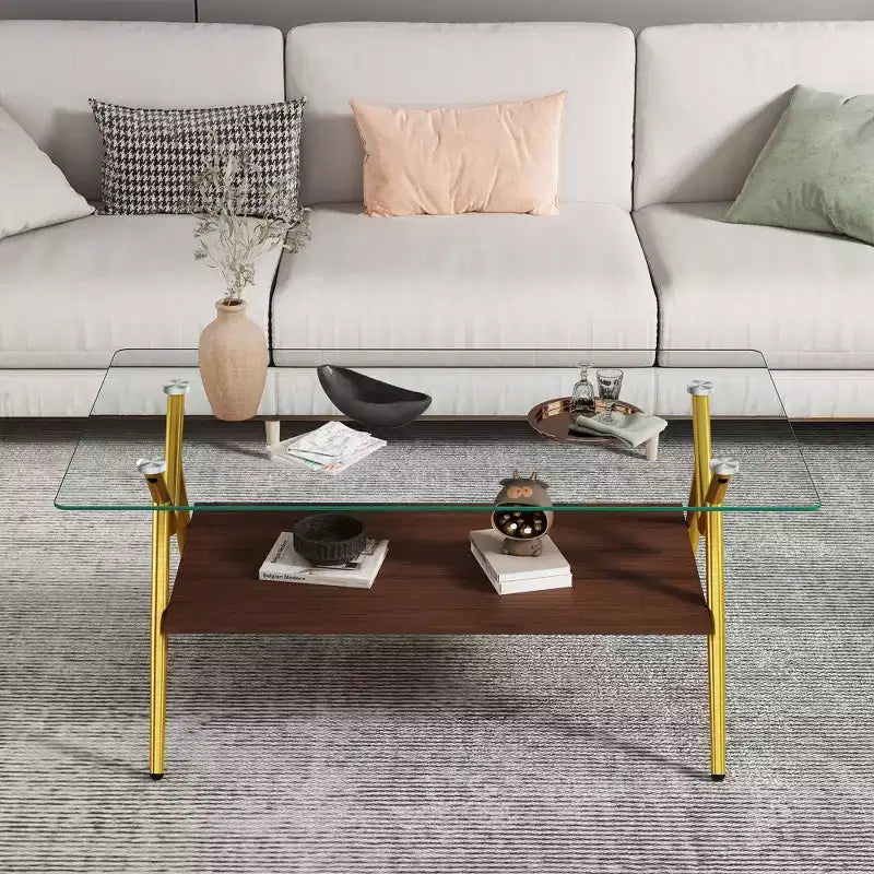 Modern 2-Tier Coffee Table with Tempered Glass Top & Sturdy Metal Legs, Center Accent Table with Open Shelf for Living Room