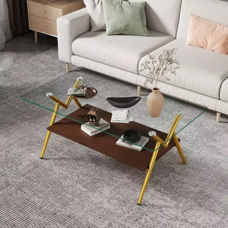 Modern 2-Tier Coffee Table with Tempered Glass Top & Sturdy Metal Legs, Center Accent Table with Open Shelf for Living Room