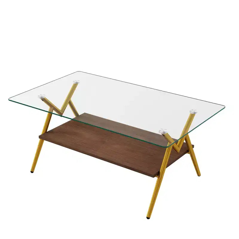 Modern 2-Tier Coffee Table with Tempered Glass Top & Sturdy Metal Legs, Center Accent Table with Open Shelf for Living Room