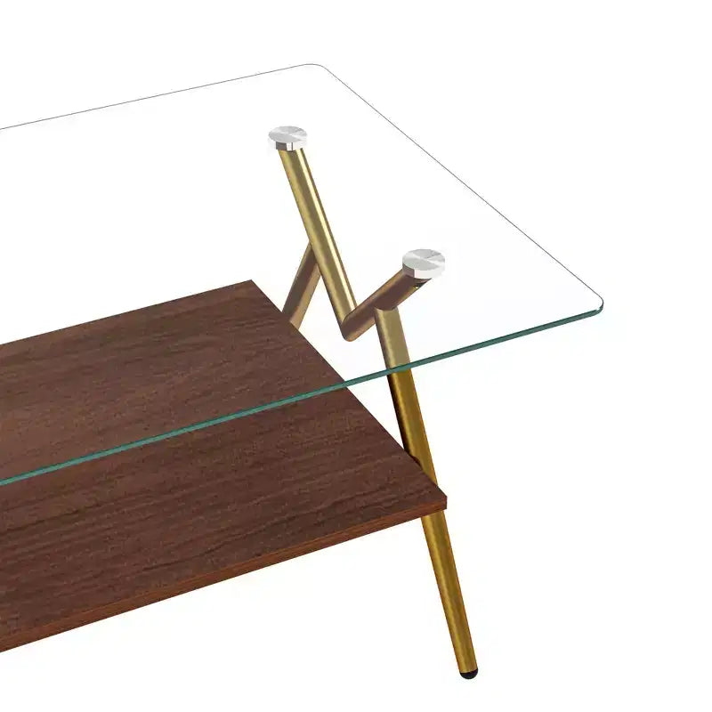 Modern 2-Tier Coffee Table with Tempered Glass Top & Sturdy Metal Legs, Center Accent Table with Open Shelf for Living Room