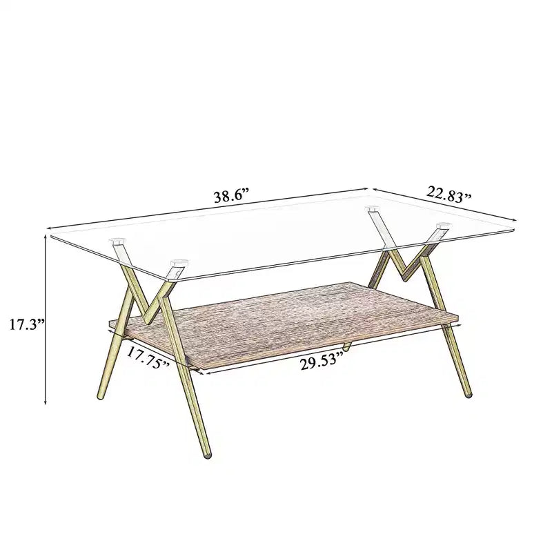 Modern 2-Tier Coffee Table with Tempered Glass Top & Sturdy Metal Legs, Center Accent Table with Open Shelf for Living Room
