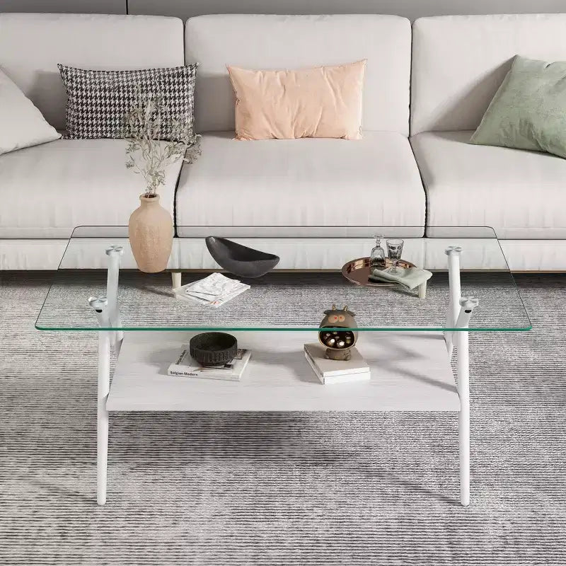 Modern 2-Tier Coffee Table with Tempered Glass Top & Sturdy Metal Legs, Center Accent Table with Open Shelf for Living Room