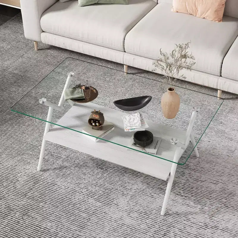 Modern 2-Tier Coffee Table with Tempered Glass Top & Sturdy Metal Legs, Center Accent Table with Open Shelf for Living Room