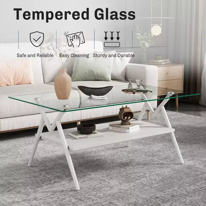 Modern 2-Tier Coffee Table with Tempered Glass Top & Sturdy Metal Legs, Center Accent Table with Open Shelf for Living Room
