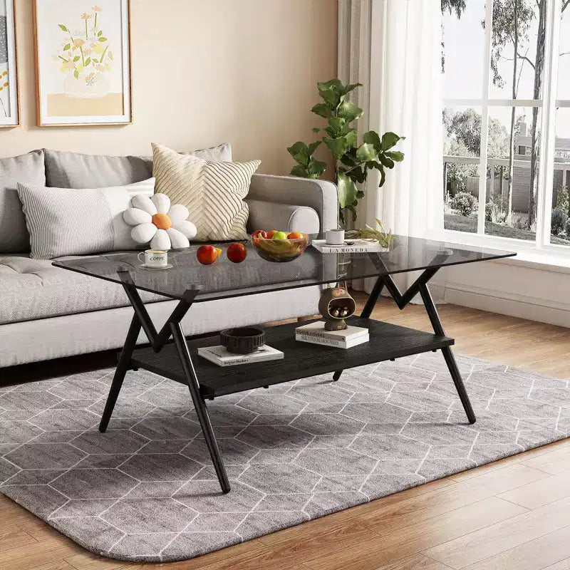 Modern 2-Tier Coffee Table with Tempered Glass Top & Sturdy Metal Legs, Center Accent Table with Open Shelf for Living Room