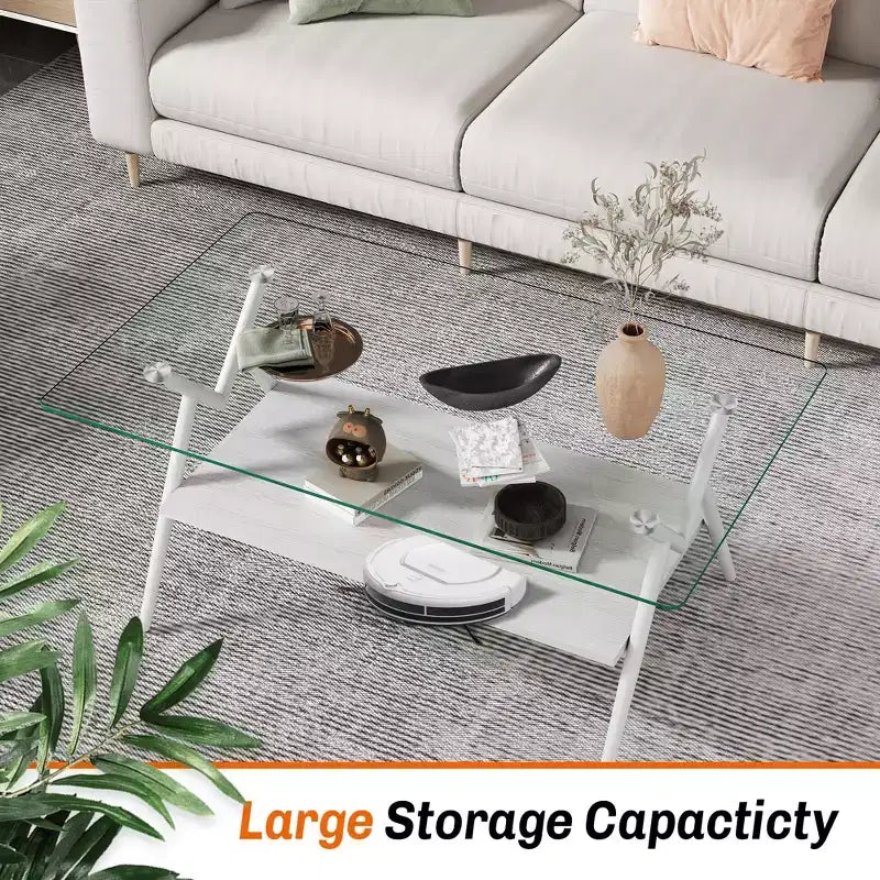 Modern 2-Tier Coffee Table with Tempered Glass Top & Sturdy Metal Legs, Center Accent Table with Open Shelf for Living Room