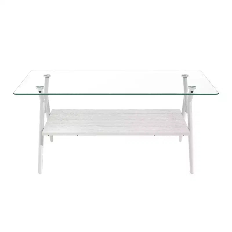 Modern 2-Tier Coffee Table with Tempered Glass Top & Sturdy Metal Legs, Center Accent Table with Open Shelf for Living Room