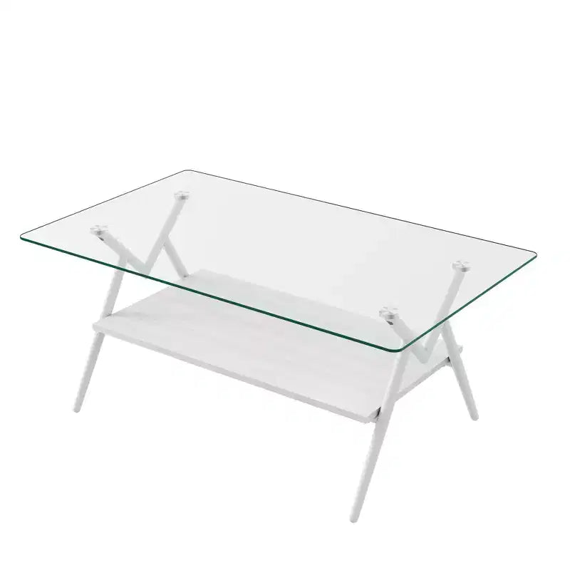 Modern 2-Tier Coffee Table with Tempered Glass Top & Sturdy Metal Legs, Center Accent Table with Open Shelf for Living Room