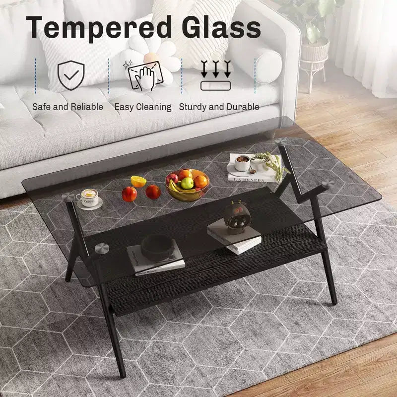 Modern 2-Tier Coffee Table with Tempered Glass Top & Sturdy Metal Legs, Center Accent Table with Open Shelf for Living Room