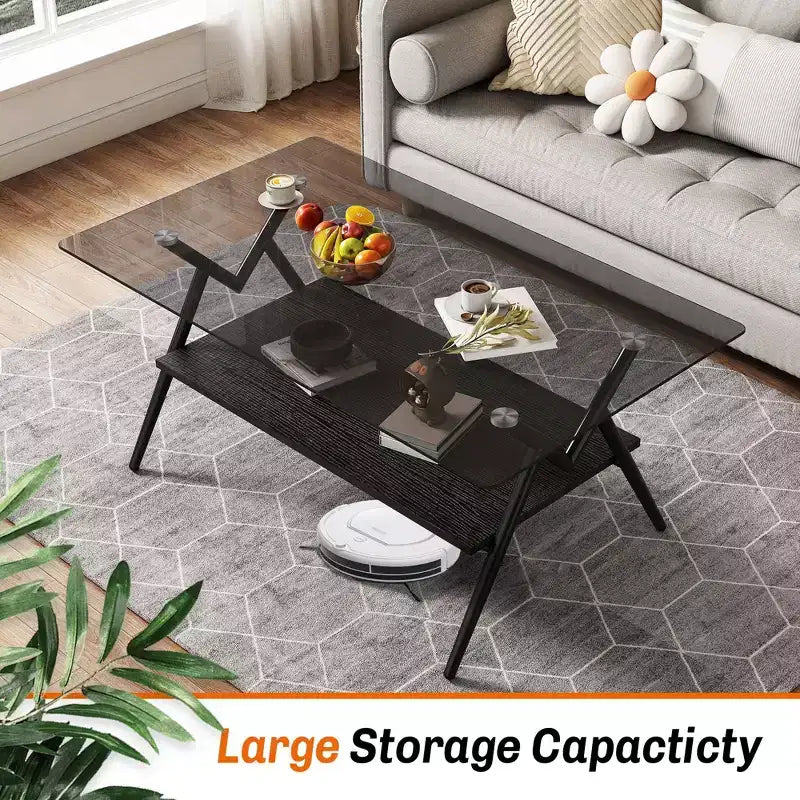 Modern 2-Tier Coffee Table with Tempered Glass Top & Sturdy Metal Legs, Center Accent Table with Open Shelf for Living Room