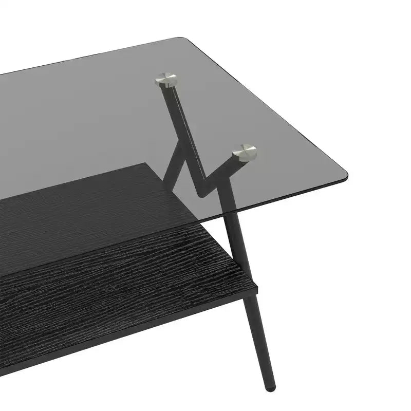 Modern 2-Tier Coffee Table with Tempered Glass Top & Sturdy Metal Legs, Center Accent Table with Open Shelf for Living Room