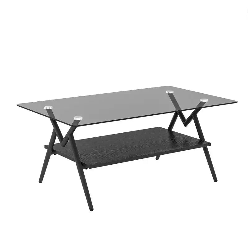 Modern 2-Tier Coffee Table with Tempered Glass Top & Sturdy Metal Legs, Center Accent Table with Open Shelf for Living Room