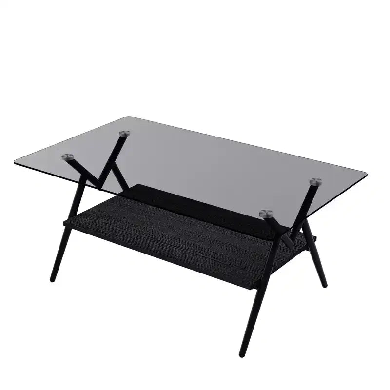 Modern 2-Tier Coffee Table with Tempered Glass Top & Sturdy Metal Legs, Center Accent Table with Open Shelf for Living Room