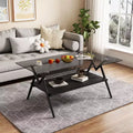 Modern 2-Tier Coffee Table with Tempered Glass Top & Sturdy Metal Legs, Center Accent Table with Open Shelf for Living Room
