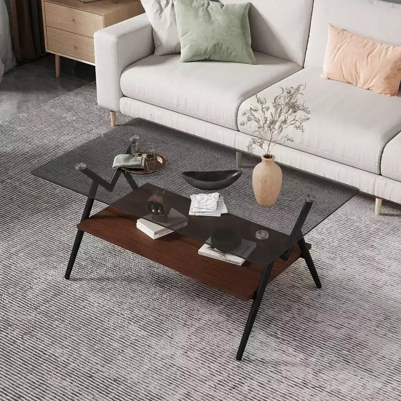 Modern 2-Tier Coffee Table with Tempered Glass Top & Sturdy Metal Legs, Center Accent Table with Open Shelf for Living Room