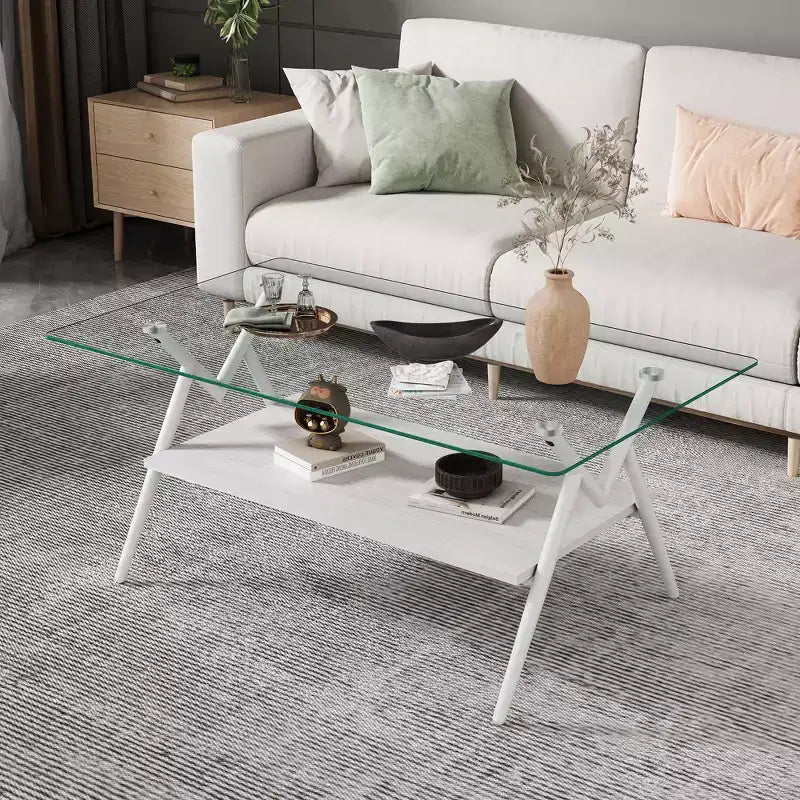 Modern 2-Tier Coffee Table with Tempered Glass Top & Sturdy Metal Legs, Center Accent Table with Open Shelf for Living Room