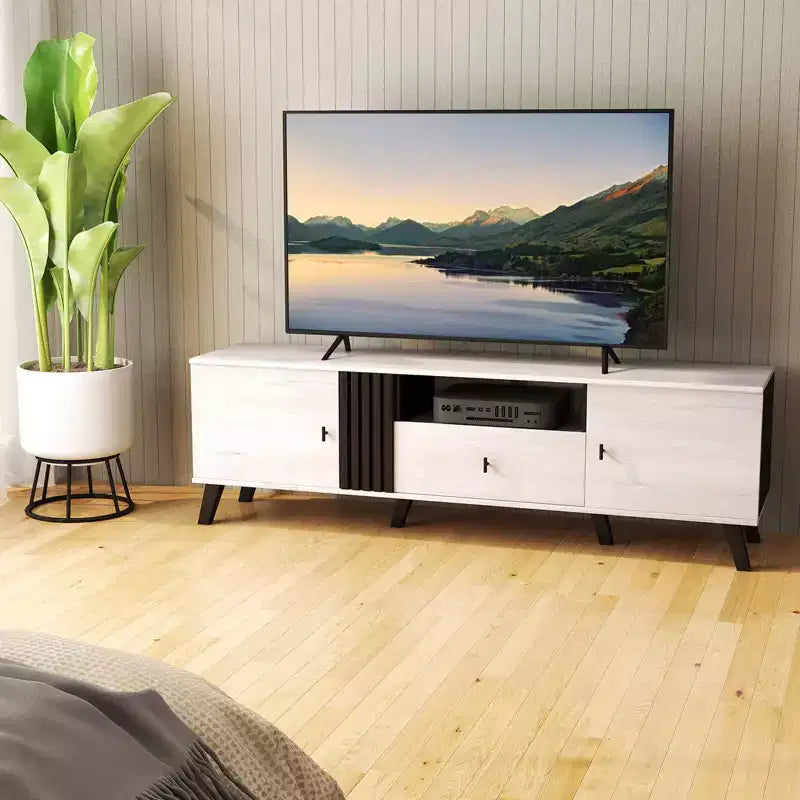 Mid Century Modern TV Stand for 80 TVs with Open Shelf 2 Side Cabinets