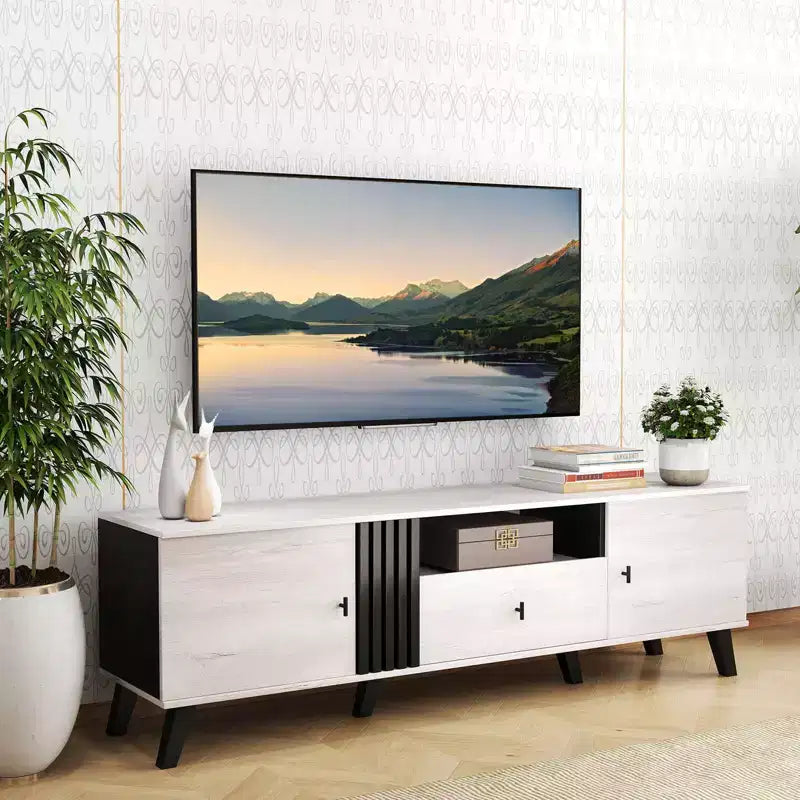Mid Century Modern TV Stand for 80 TVs with Open Shelf 2 Side Cabinets