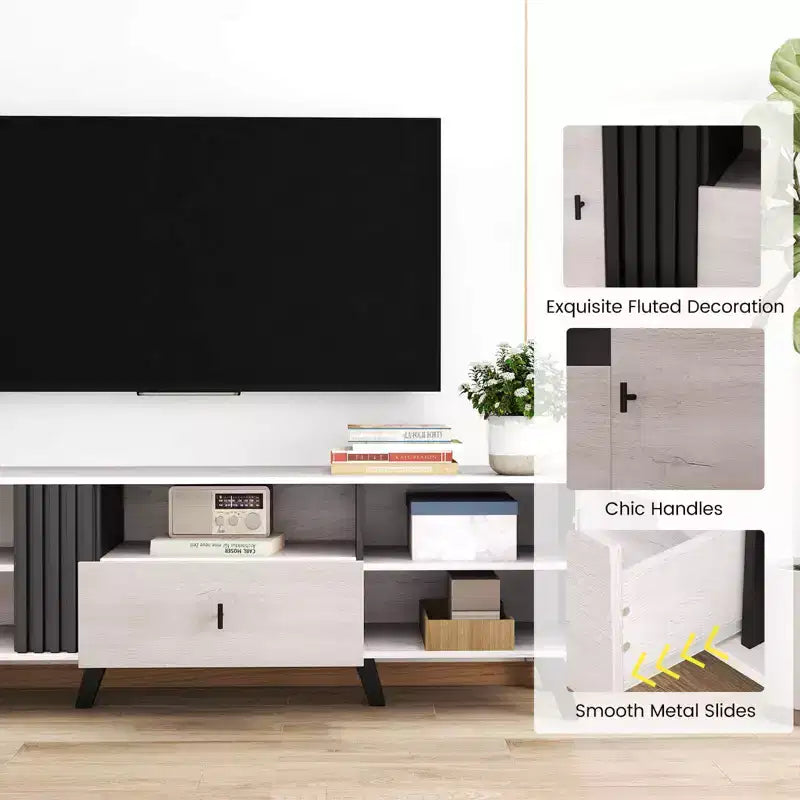 Mid Century Modern TV Stand for 80 TVs with Open Shelf 2 Side Cabinets