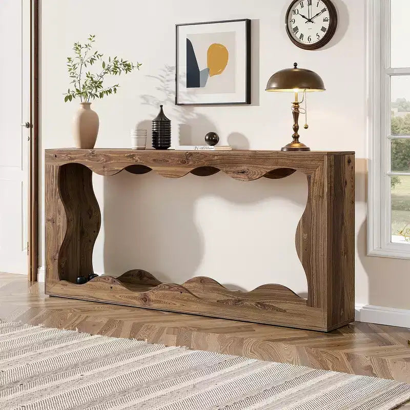 63 Wavy Scalloped Console Table, Retro Farmhouse 2-Tier Entryway Table for Home