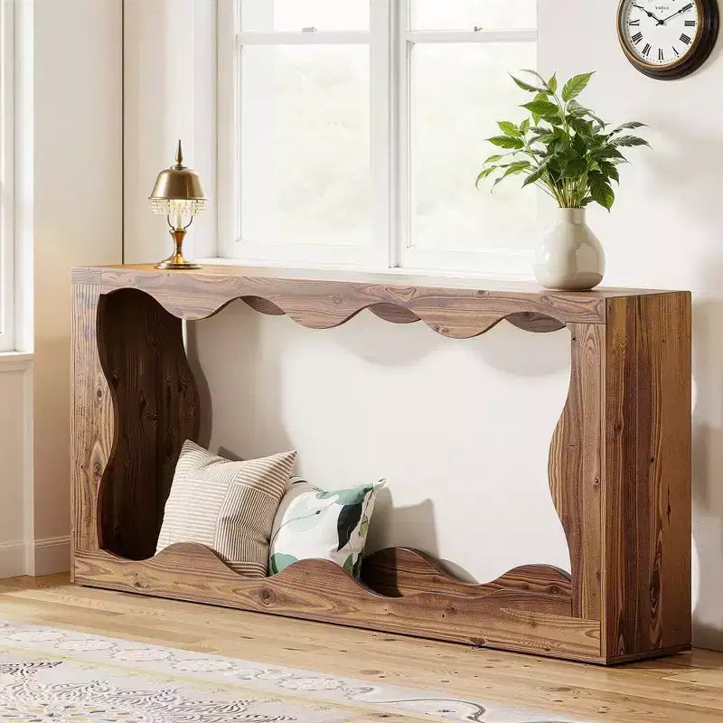 63 Wavy Scalloped Console Table, Retro Farmhouse 2-Tier Entryway Table for Home