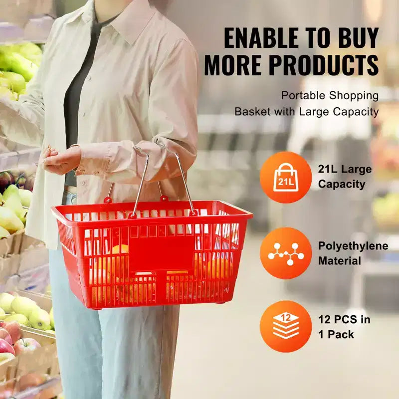 Shopping Basket, , 21L Durable Plastic Grocery Basket with Metal Handle and Stand, 16.73 x 12.01 x 8.58 inch Portable Shop Basket, Red