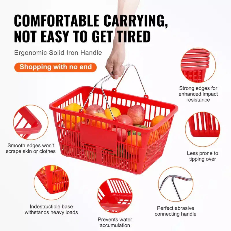 Shopping Basket, , 21L Durable Plastic Grocery Basket with Metal Handle and Stand, 16.73 x 12.01 x 8.58 inch Portable Shop Basket, Red