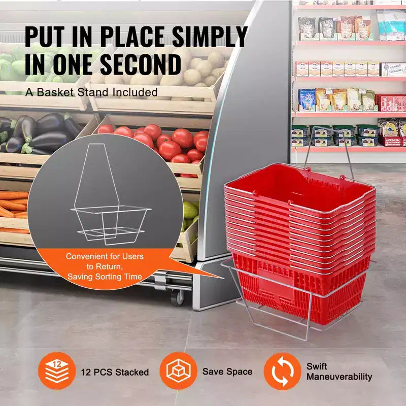 Shopping Basket, , 21L Durable Plastic Grocery Basket with Metal Handle and Stand, 16.73 x 12.01 x 8.58 inch Portable Shop Basket, Red