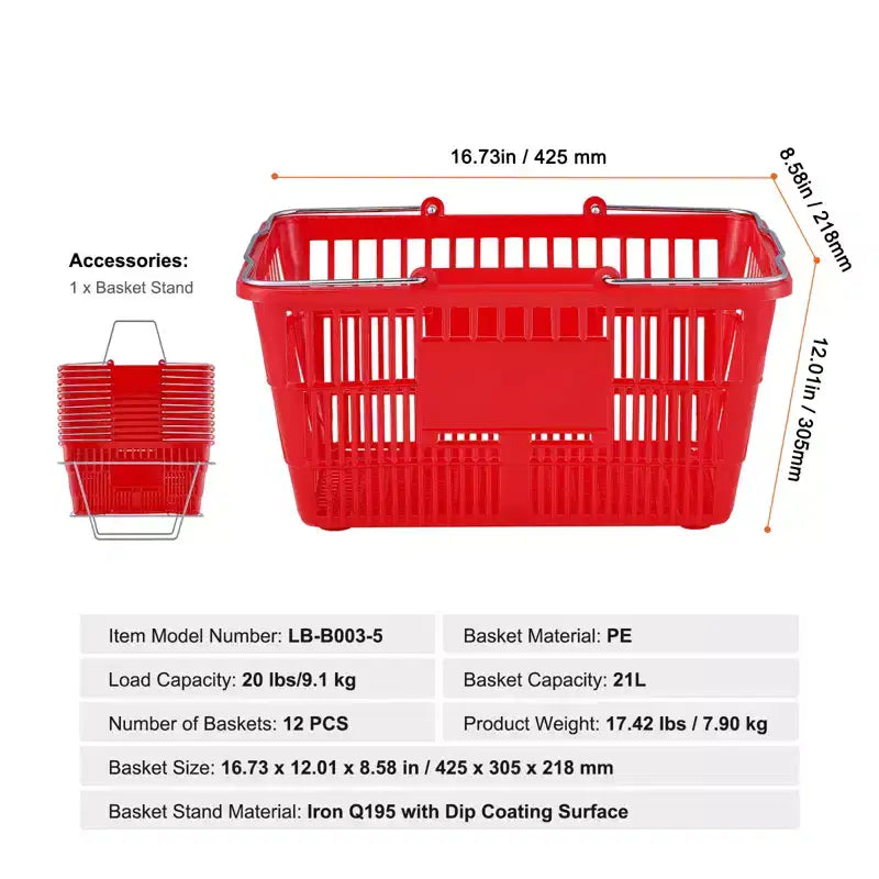 Shopping Basket, , 21L Durable Plastic Grocery Basket with Metal Handle and Stand, 16.73 x 12.01 x 8.58 inch Portable Shop Basket, Red