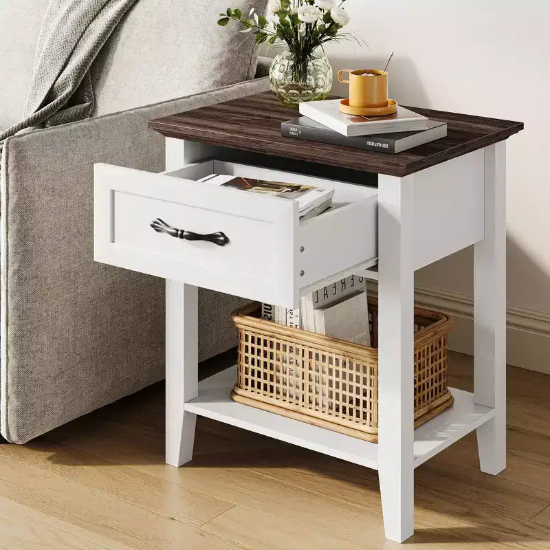 Bedside Table, with 1 Drawer and Open Storage Shelf, Versatile Beside End Table for Bedroom, Office, Sofa, Couch