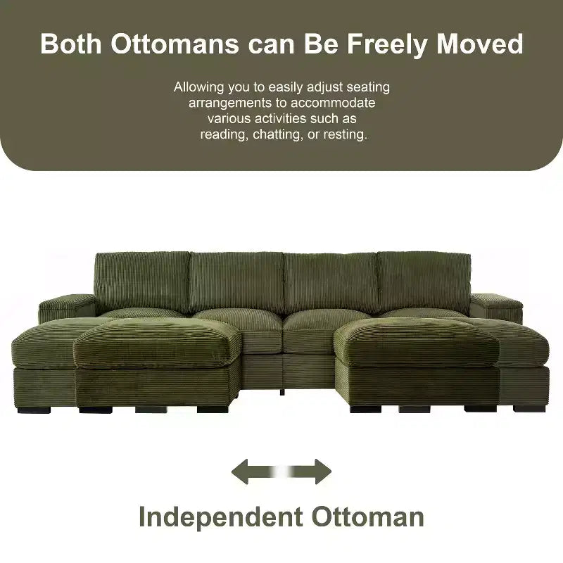 Sectional Sofa Deep Seat Green Couch with Ottomans for 4 Seat