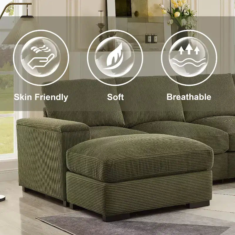 Sectional Sofa Deep Seat Green Couch with Ottomans for 4 Seat