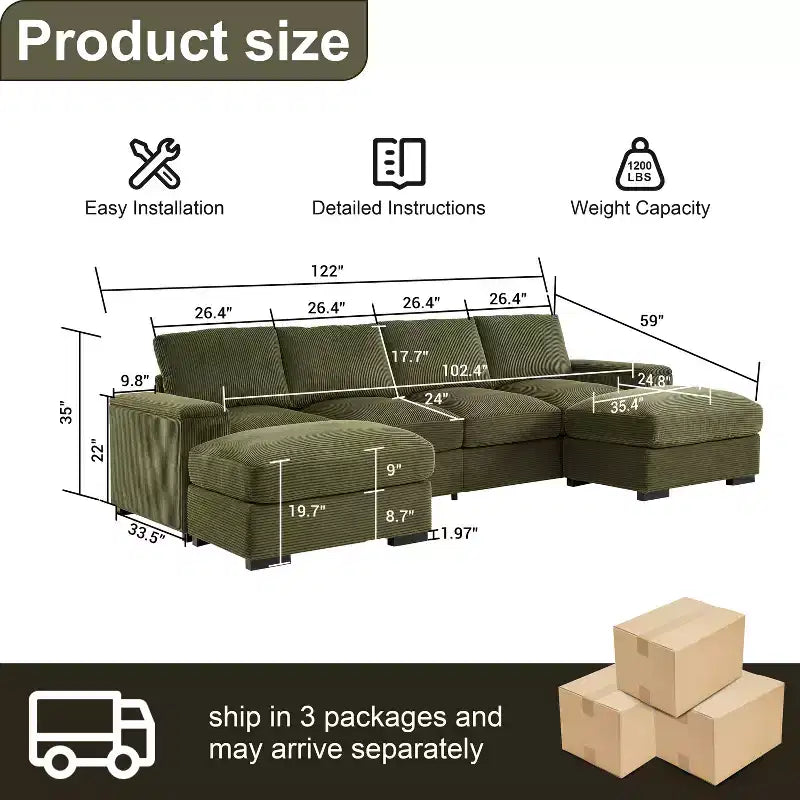 Sectional Sofa Deep Seat Green Couch with Ottomans for 4 Seat