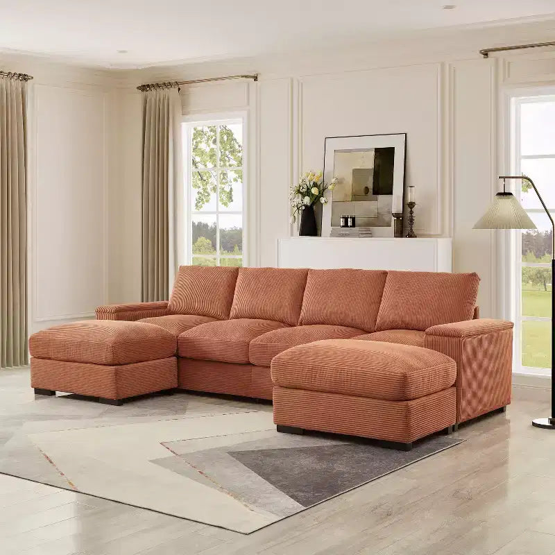 Sectional Sofa Deep Seat Green Couch with Ottomans for 4 Seat