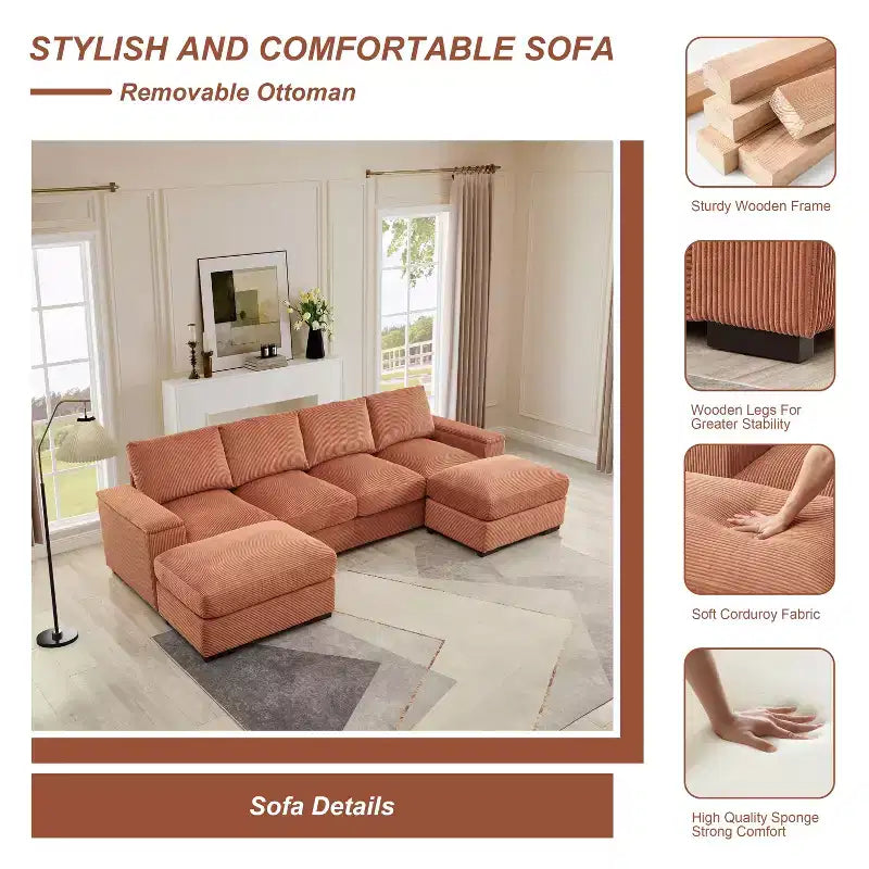 Sectional Sofa Deep Seat Green Couch with Ottomans for 4 Seat
