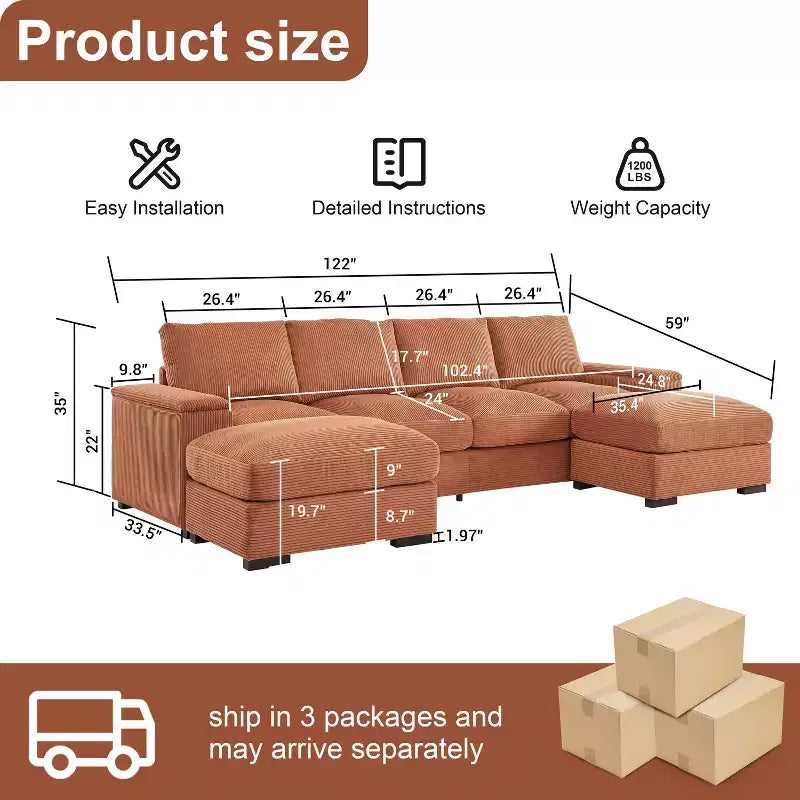 Sectional Sofa Deep Seat Green Couch with Ottomans for 4 Seat