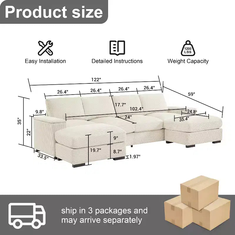 Sectional Sofa Deep Seat Green Couch with Ottomans for 4 Seat