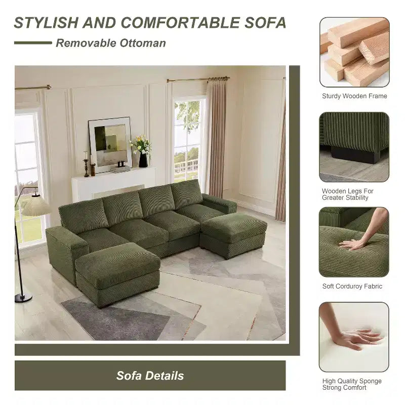 Sectional Sofa Deep Seat Green Couch with Ottomans for 4 Seat