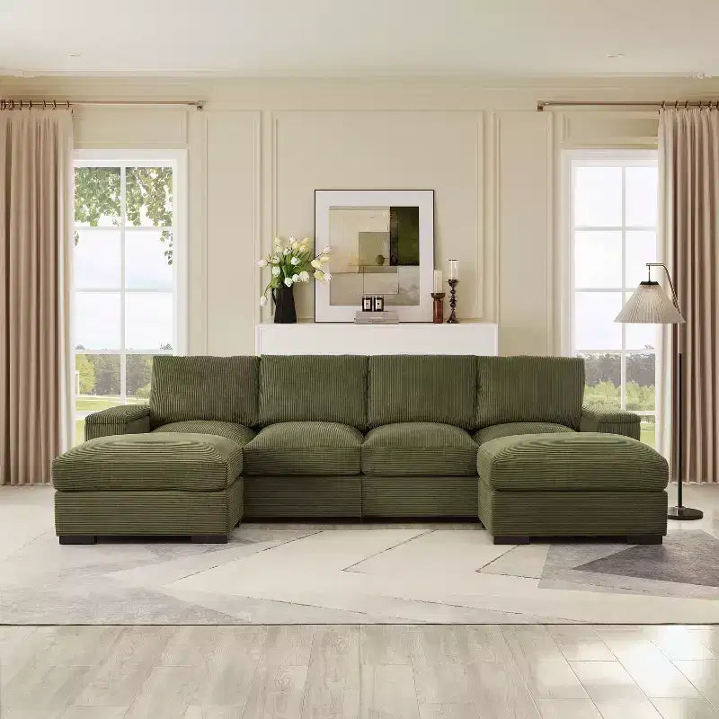 Sectional Sofa Deep Seat Green Couch with Ottomans for 4 Seat