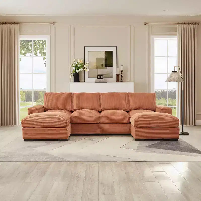 Sectional Sofa Deep Seat Green Couch with Ottomans for 4 Seat