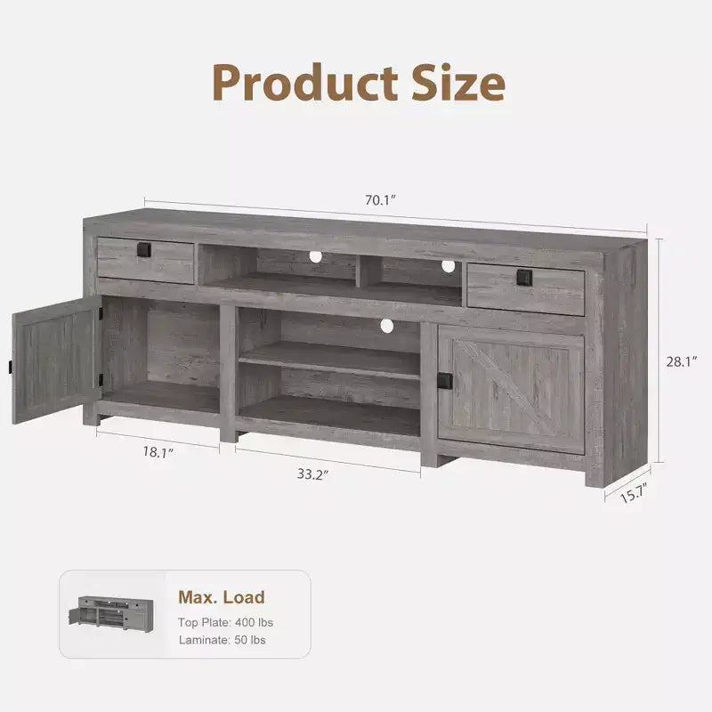 70.1 Farmhouse TV Stand, Media Console with Storage Drawers & Open Shelf for Living Room, Bedroom