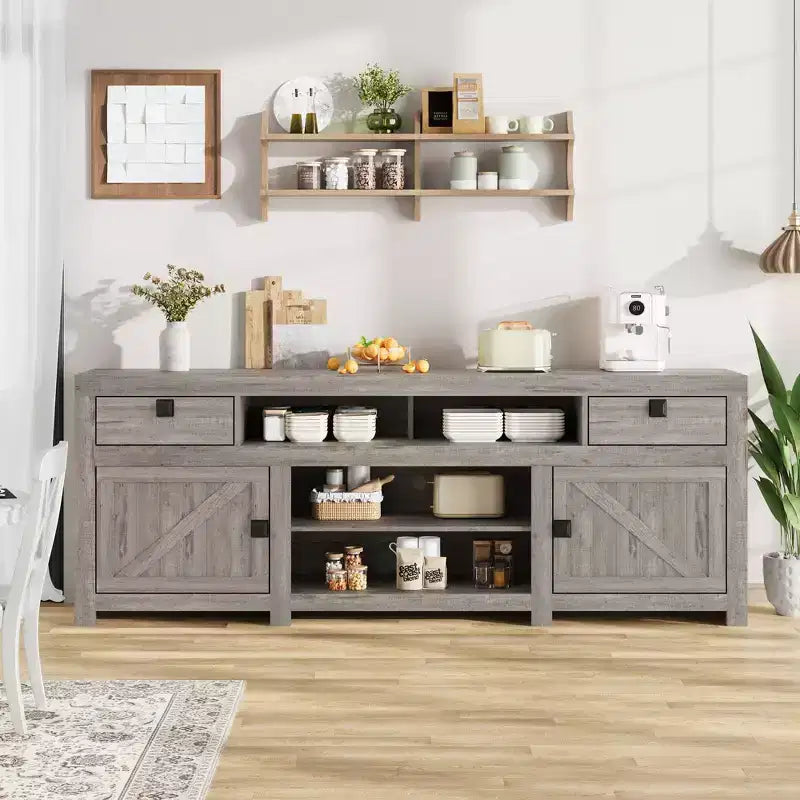 70.1 Farmhouse TV Stand, Media Console with Storage Drawers & Open Shelf for Living Room, Bedroom