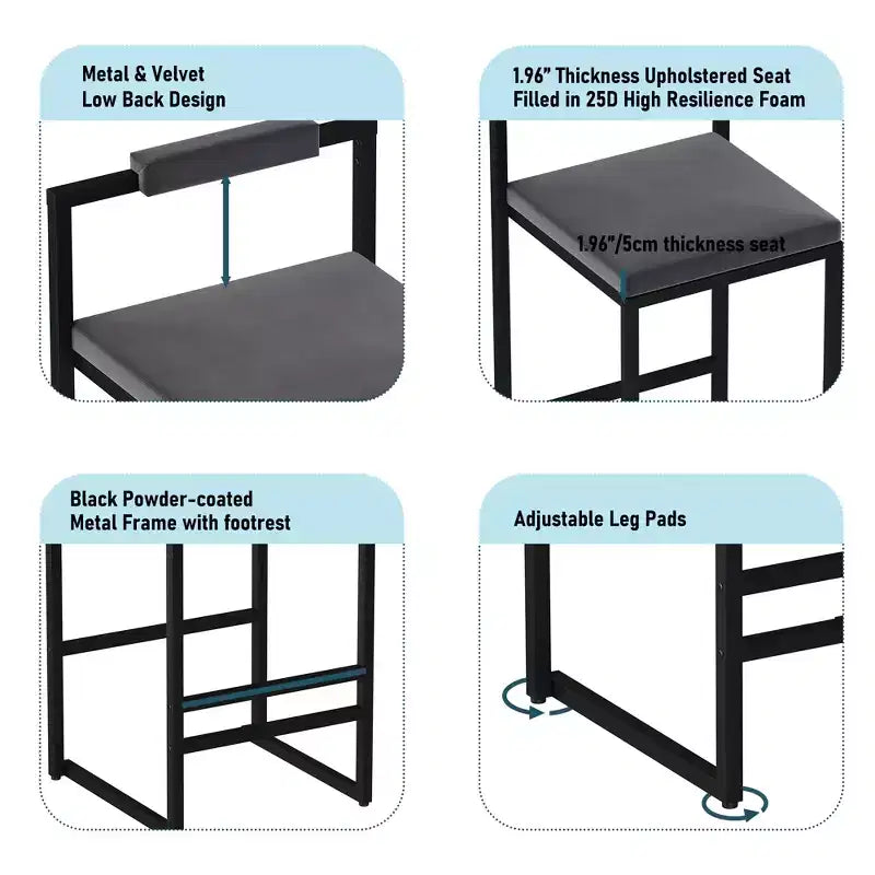 Velvet Upholstered Bar Stools Counter Height With Footrest Backrest Modern Dining Chairs Black Gray