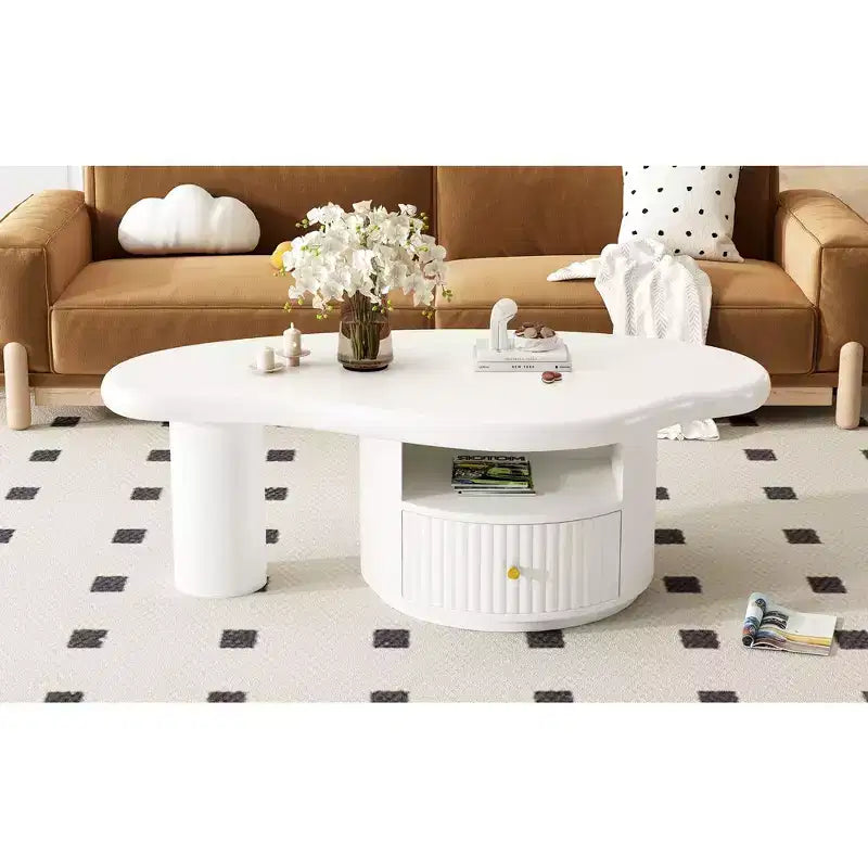 Modern Cloud Coffee Tables, Irregular Shape Center Table with 2 Drawers & 2 Small Stools, Coordinated Living Room Duo