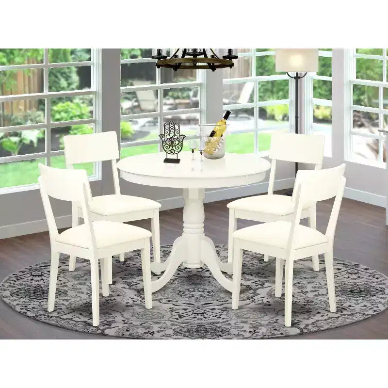 Ensemble de salle à manger 5 pièces rond avec chaises en bois et plateau en lin blanc pour petits espaces