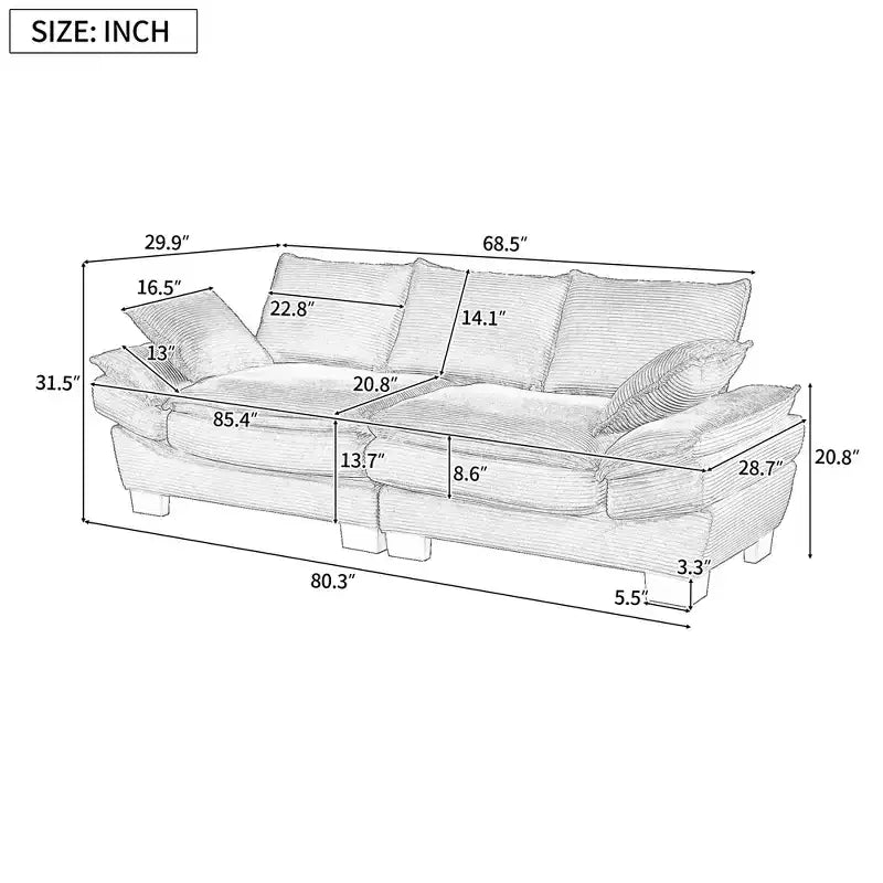 80.3 Inch Modern Corduroy Curved Sofa,Upholstered Couch with 2 Throw Pillows for Living Room,Bedroom,Office,Apartment